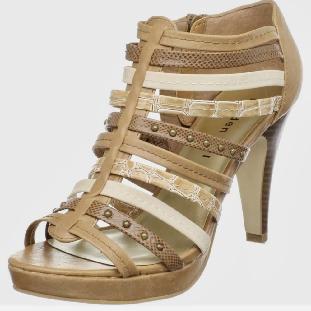 Madden Girl Tan and White Strappy Heels with Studded Embellishments